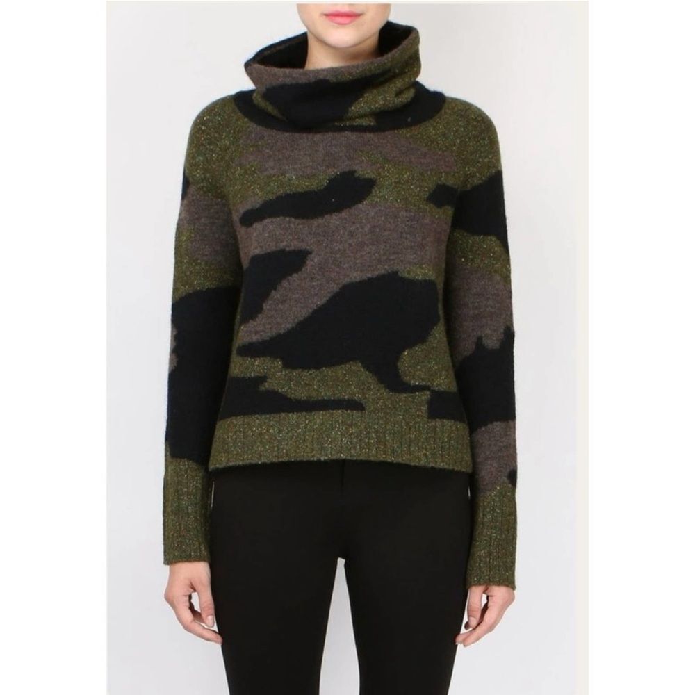Veronica Beard Davis Camo Turtleneck Sweater Alpaca Wool Silk Blend Green sze XS